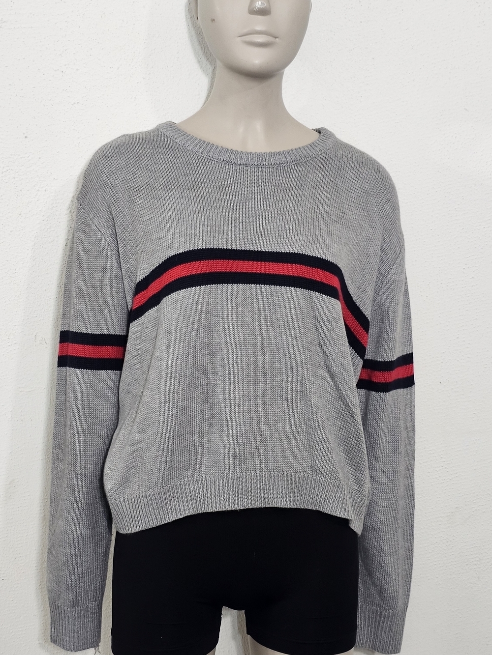 Cotton Emporium Grey Crewneck Sweater with Red and Black Stripes